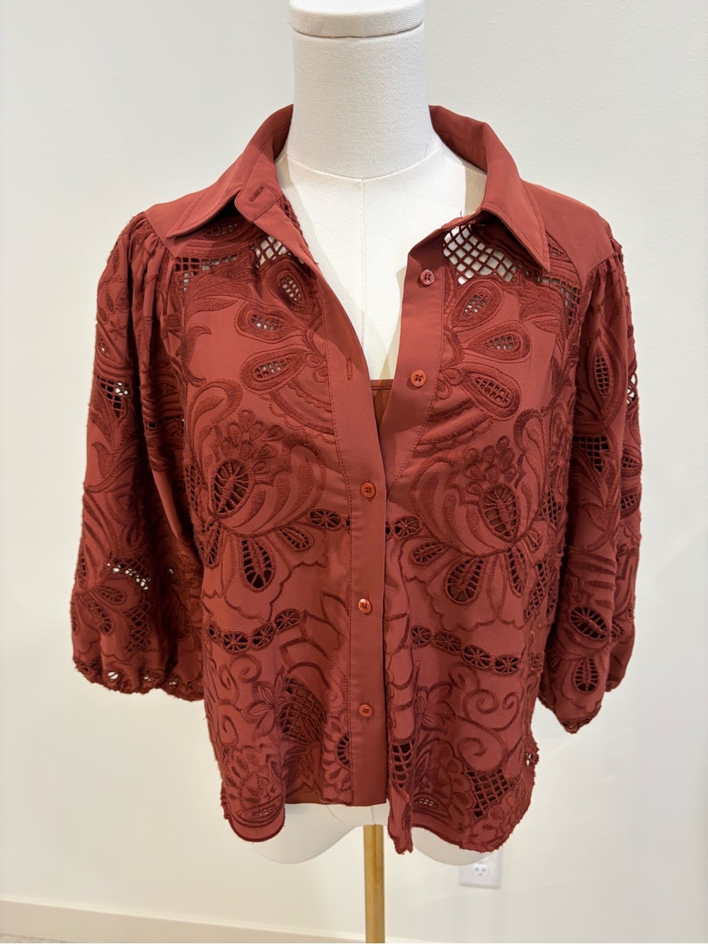 Embroidered Rust Button-Down Eyelet Shirt